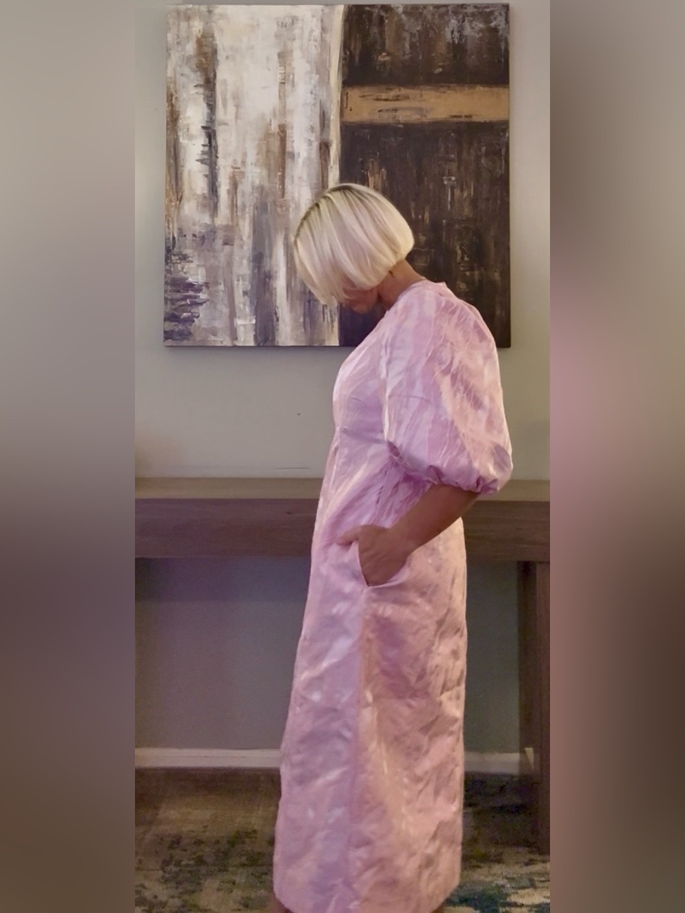 GANNI Pink Jacquard Puff Sleeve Midi Dress 42 US 12 Barbiecore Copenhagen Scandi